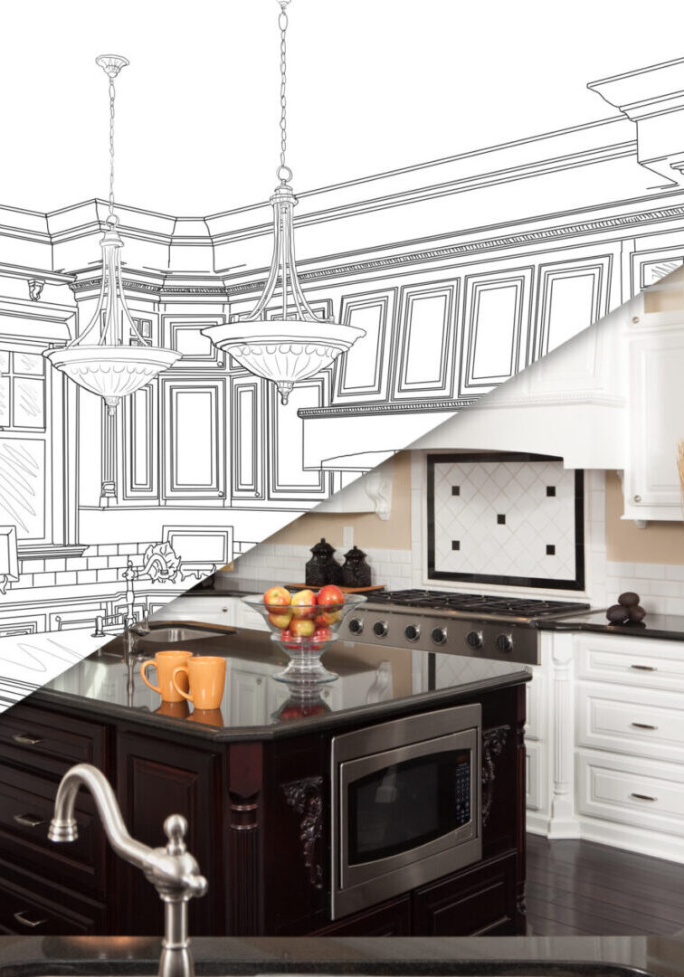 A kitchen with an image of the inside and a drawing of it.